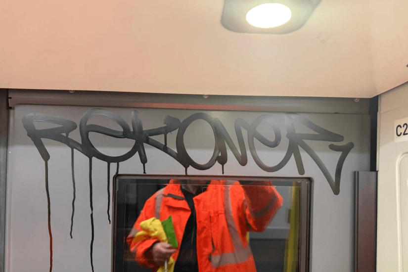 Graffiti tags on an internal panel before cleaning