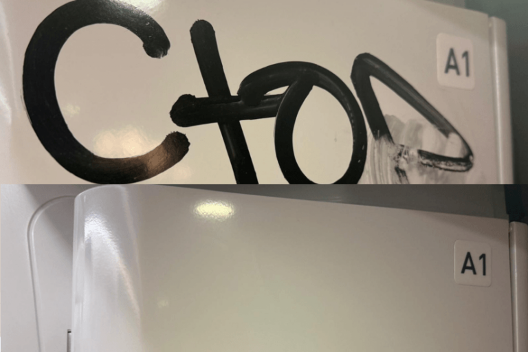 Before and after Graffiti removal on a powder coated door